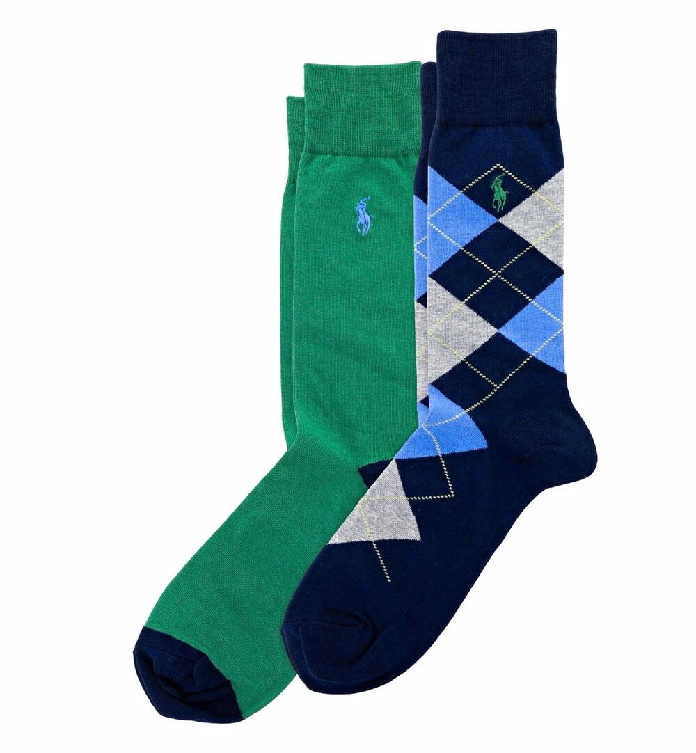 Polo Ralph Lauren Men's Socks 2 Pack NWT Argyle Solid Navy Green Shoe Size 10-13